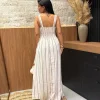Vestido De Linho Misto Alcinha Listrado