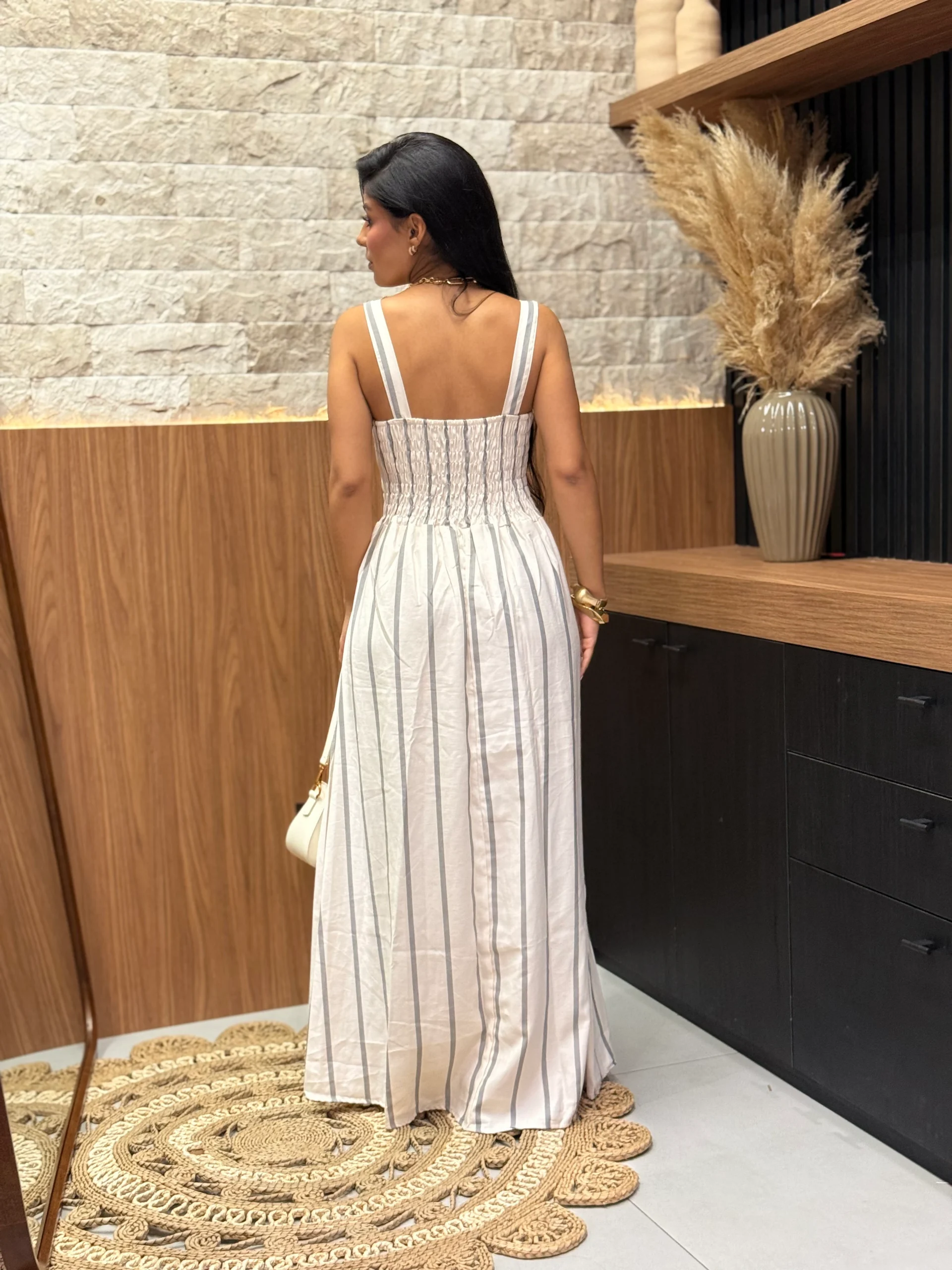 Vestido De Linho Misto Alcinha Listrado
