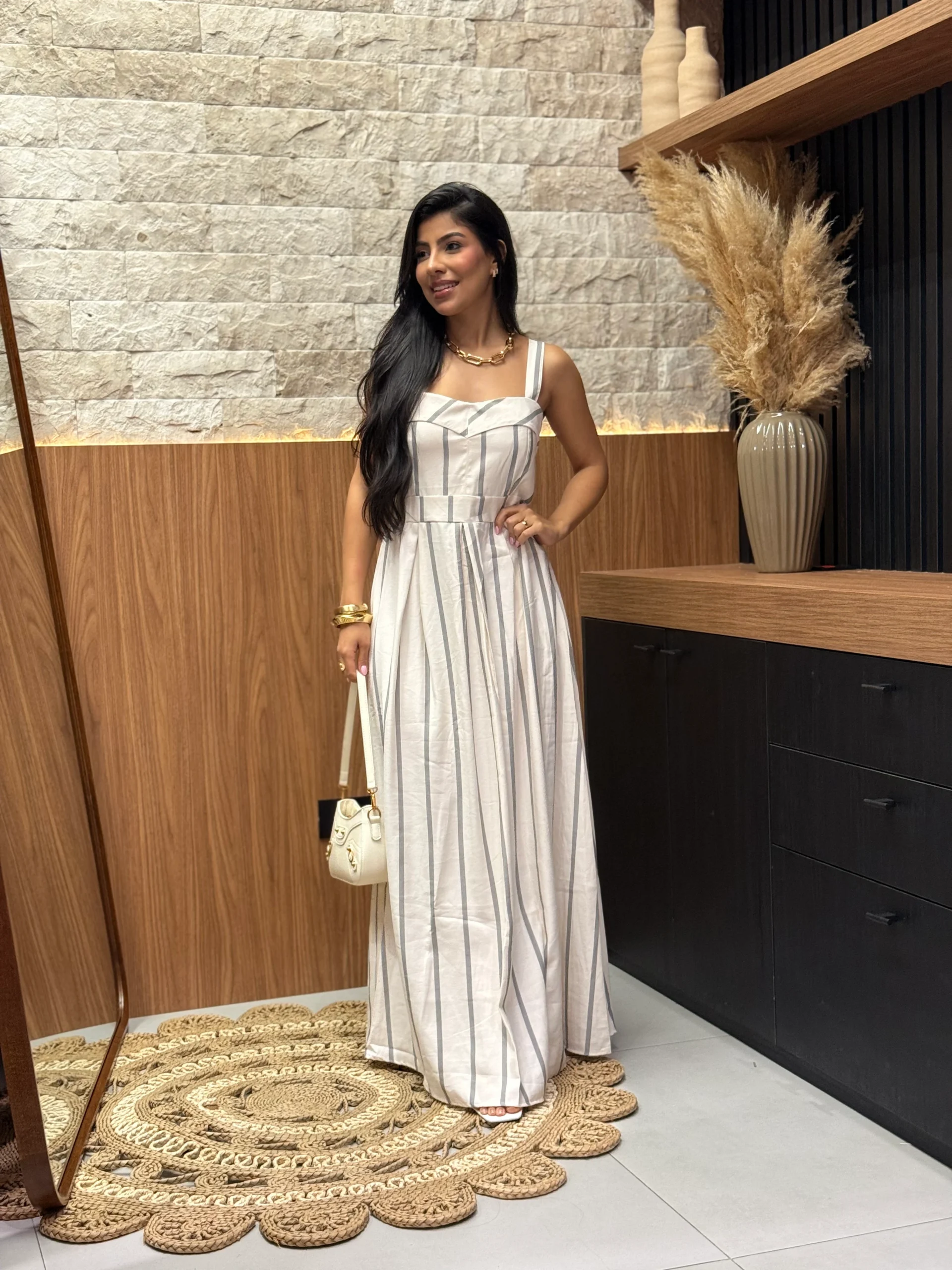 Vestido De Linho Misto Alcinha Listrado