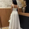 Vestido De Linho Misto Alcinha Listrado