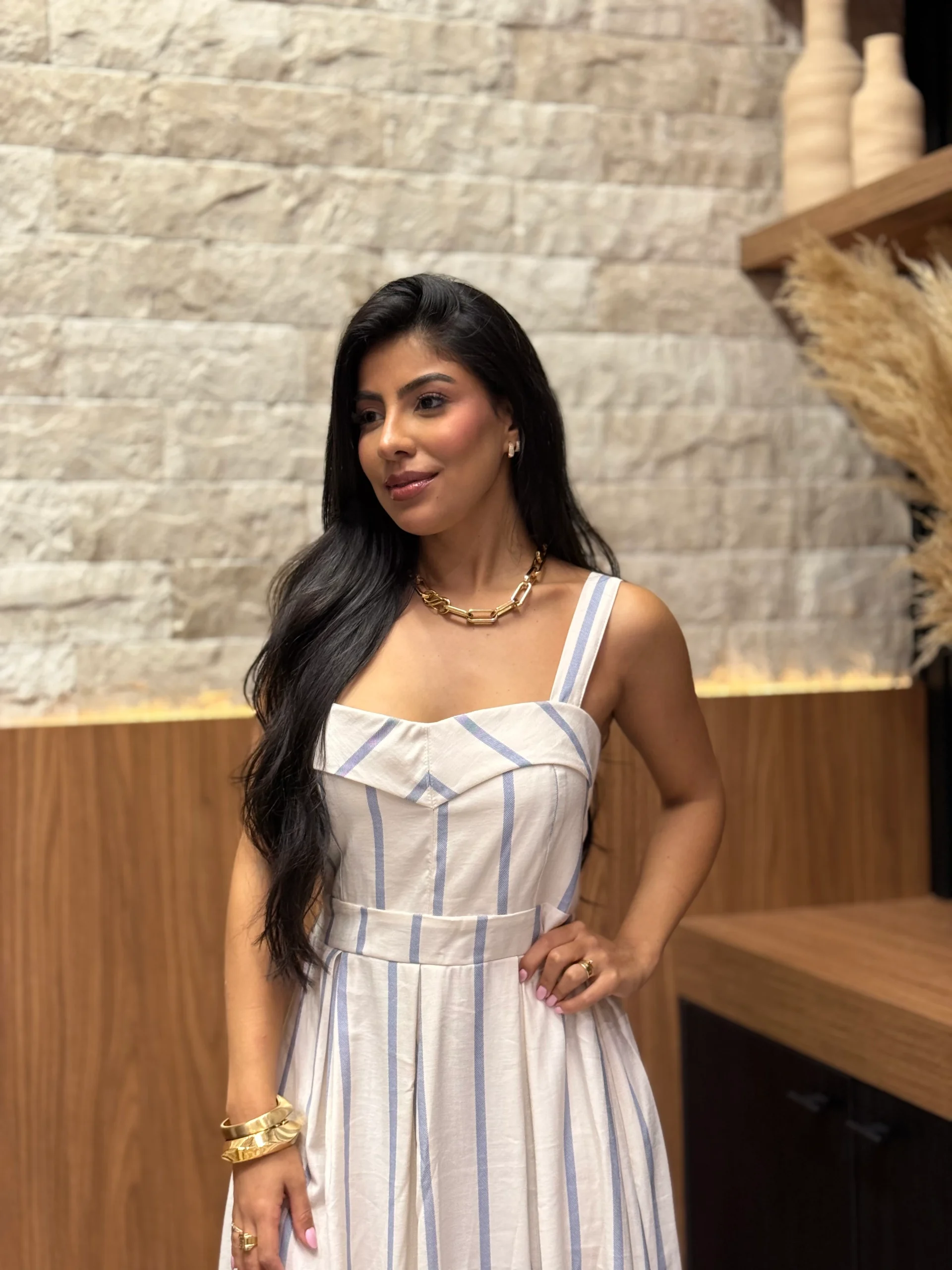 Vestido De Linho Misto Alcinha Listrado