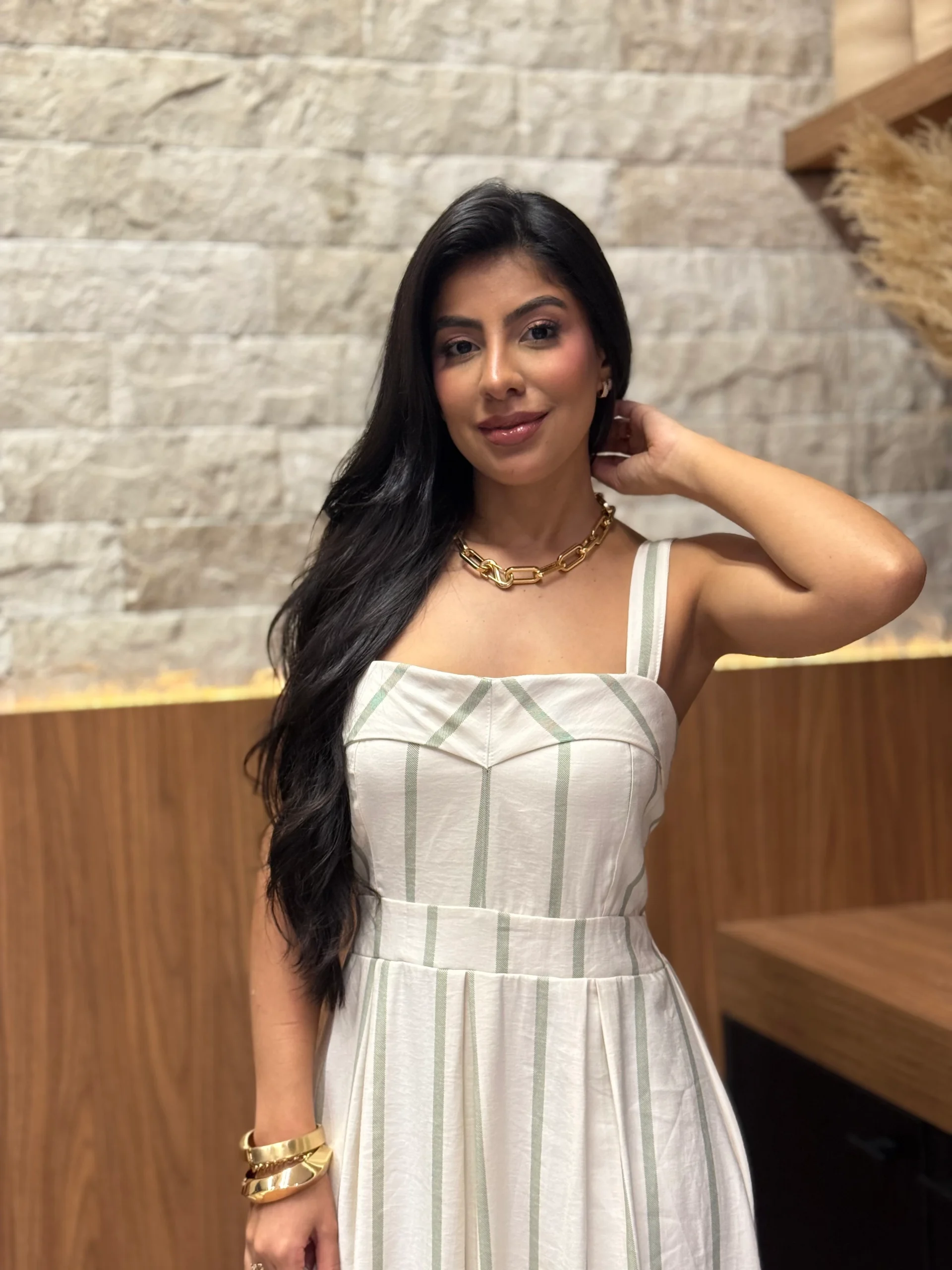 Vestido De Linho Misto Alcinha Listrado