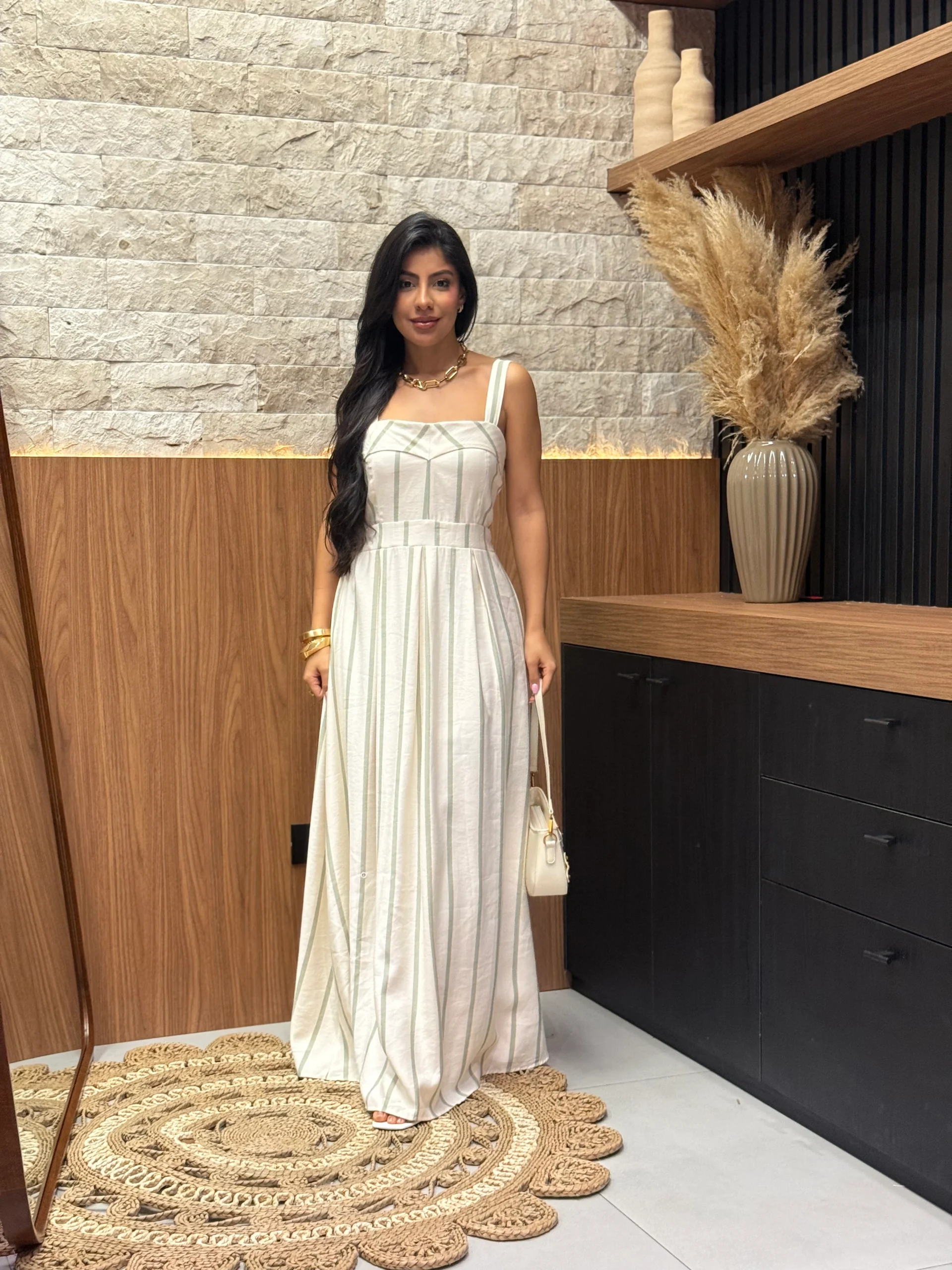 Vestido De Linho Misto Alcinha Listrado