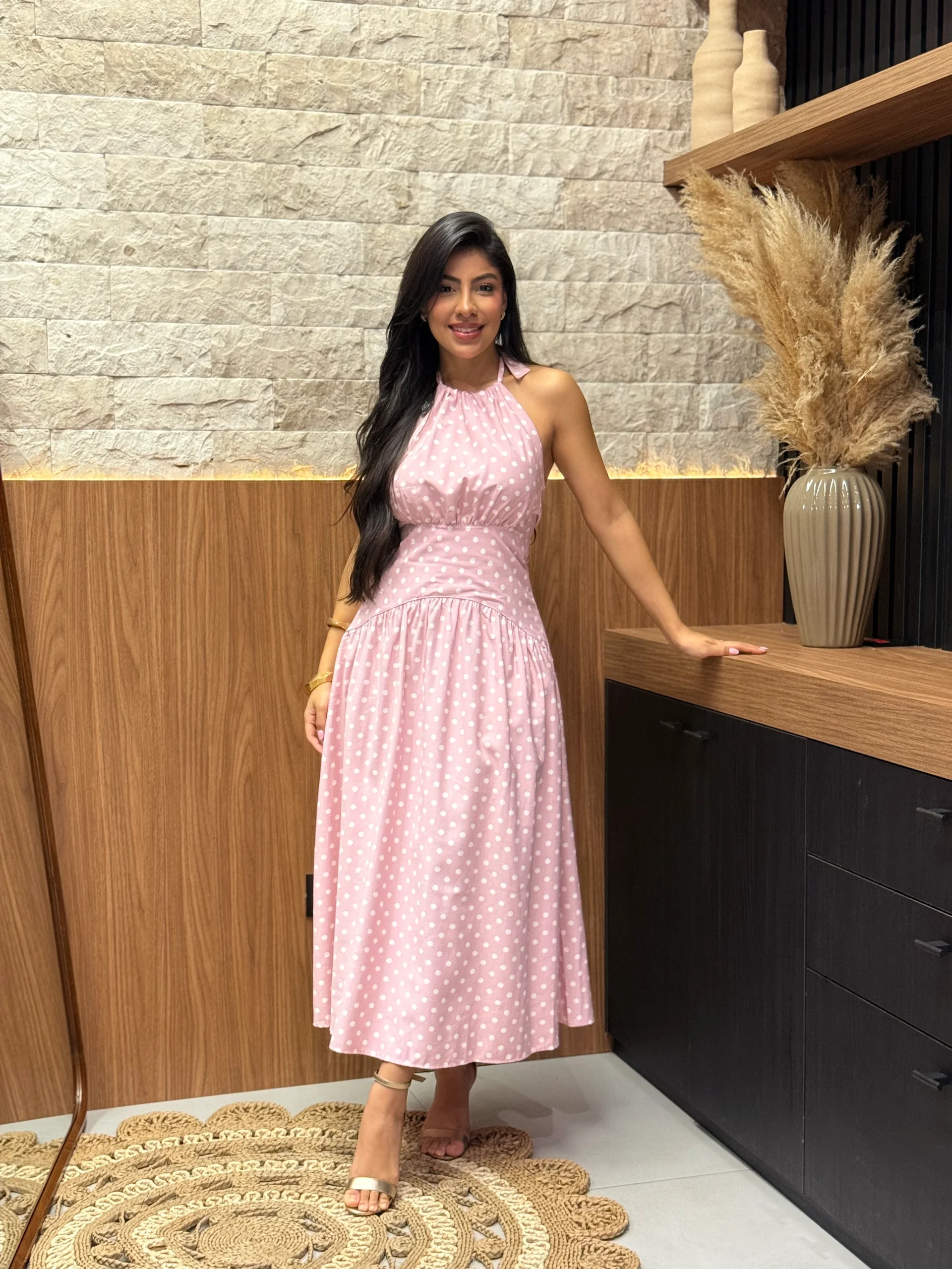 Vestido De Linho Misto Frente Única Poa