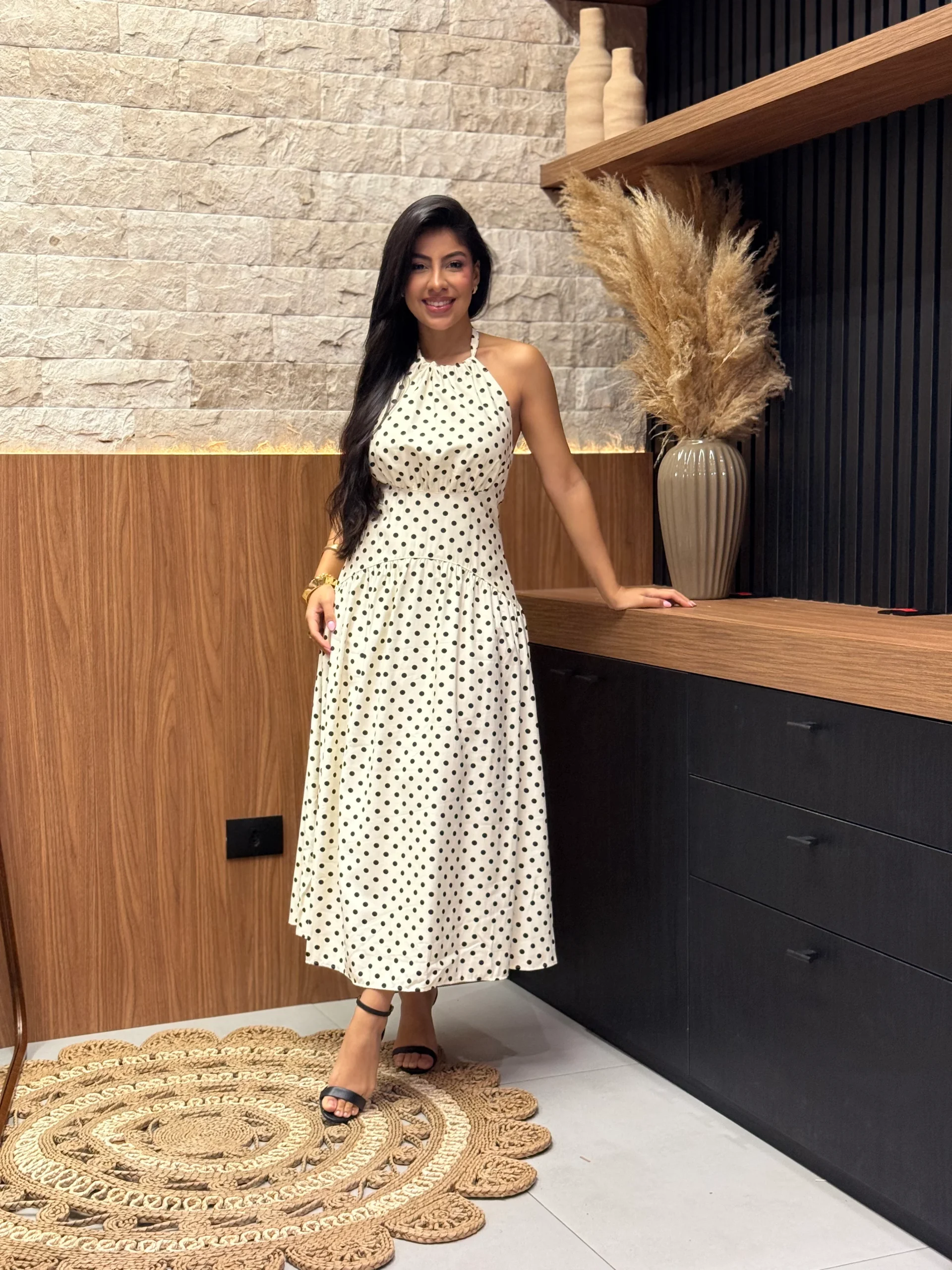 Vestido De Linho Misto Frente Única Poa