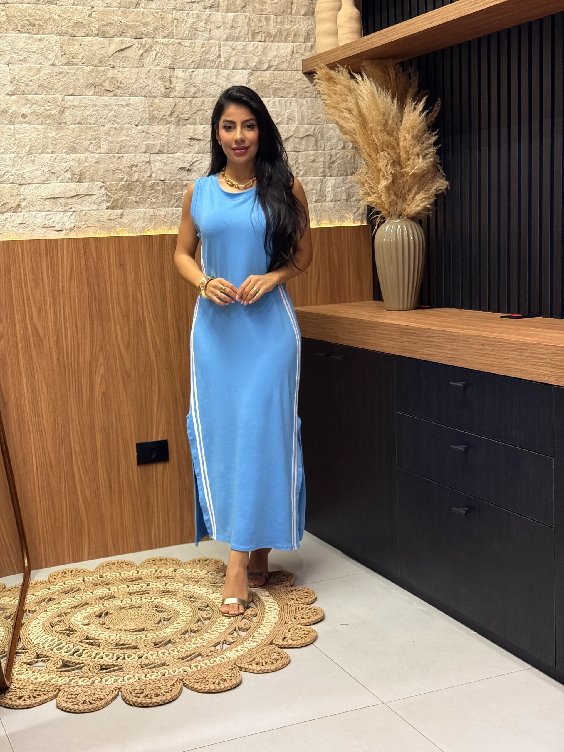 Vestido Moletinho Regata Com Listra Lateral
