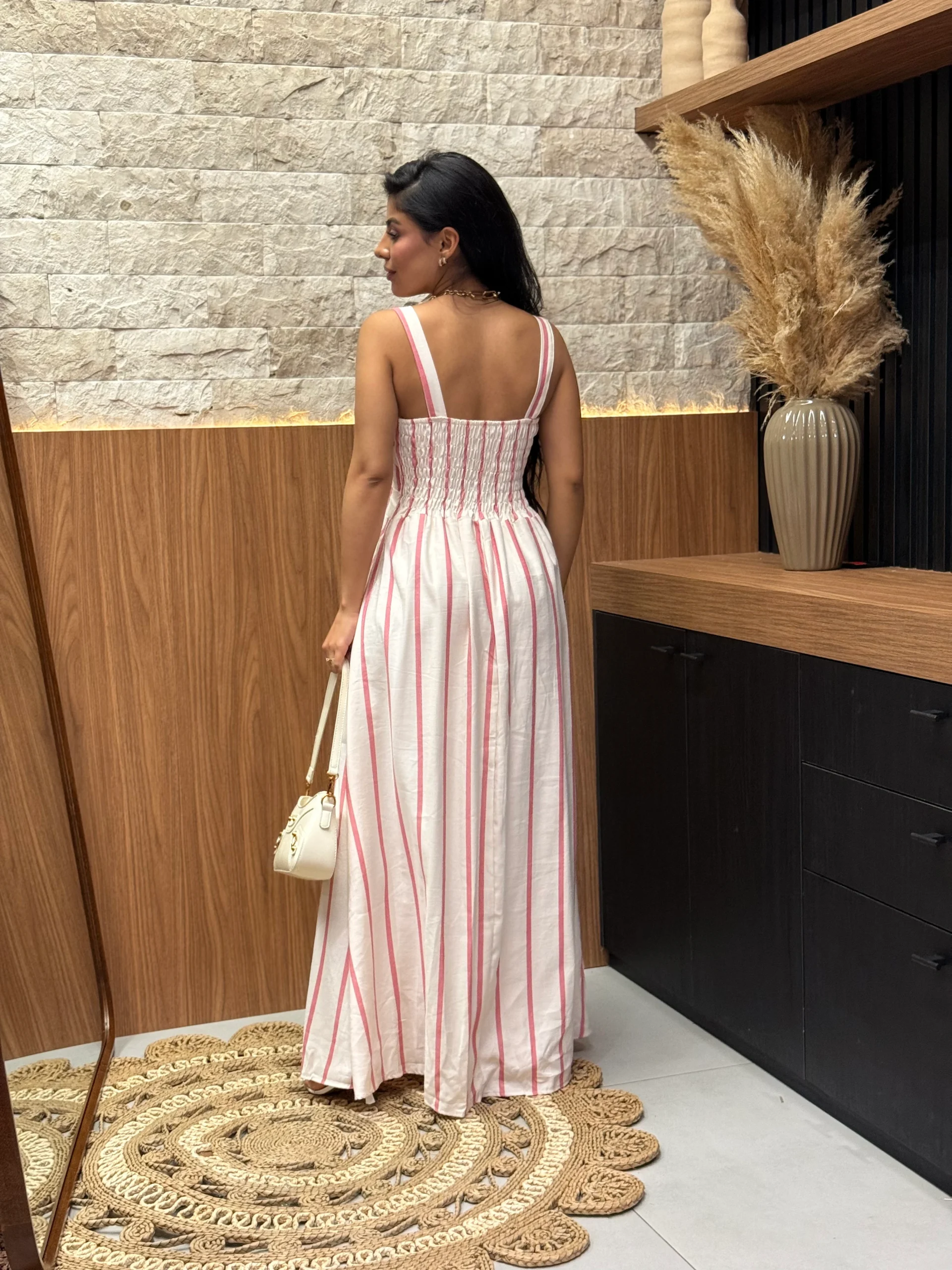 Vestido De Linho Misto Alcinha Listrado