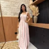 Vestido De Linho Misto Alcinha Listrado