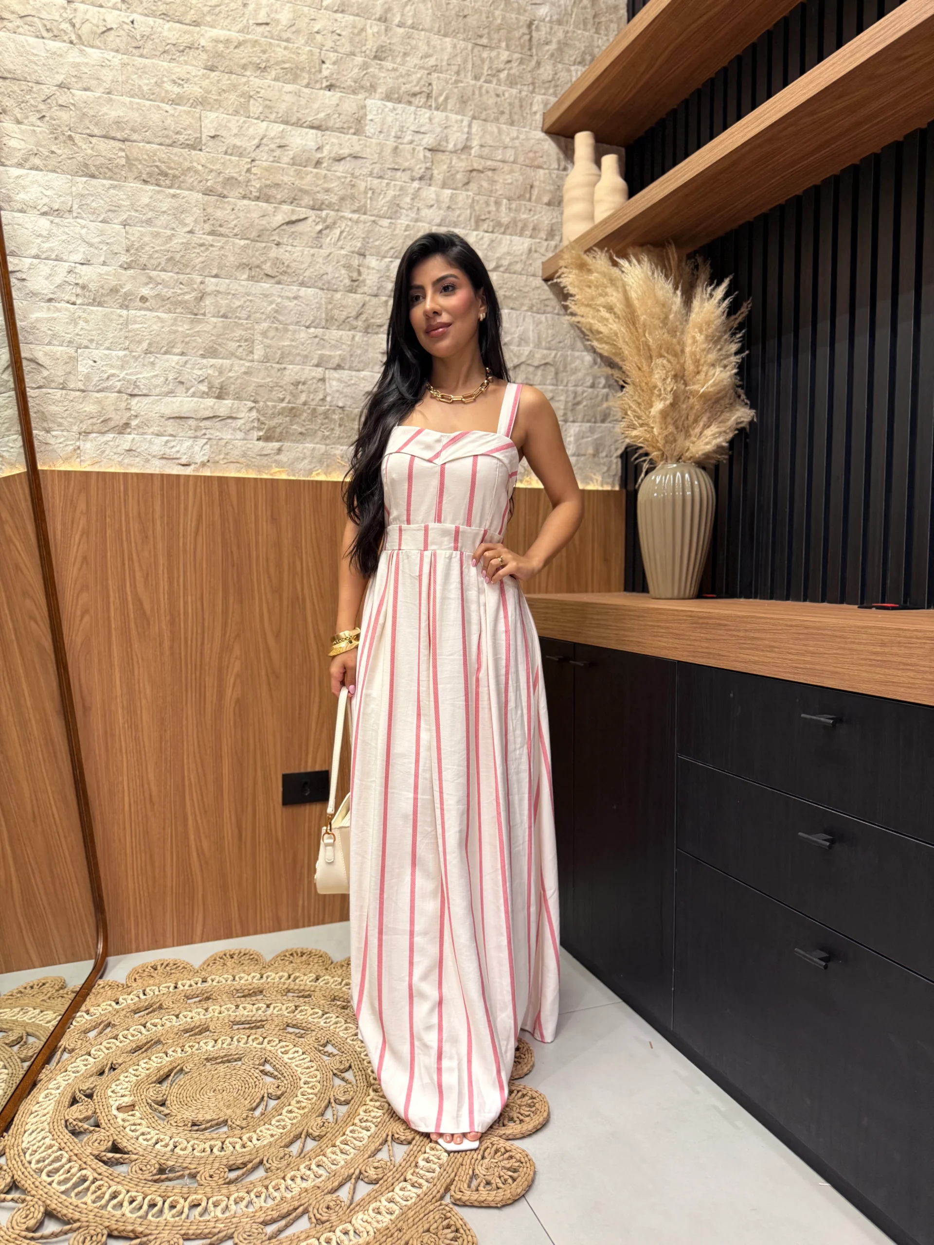 Vestido De Linho Misto Alcinha Listrado