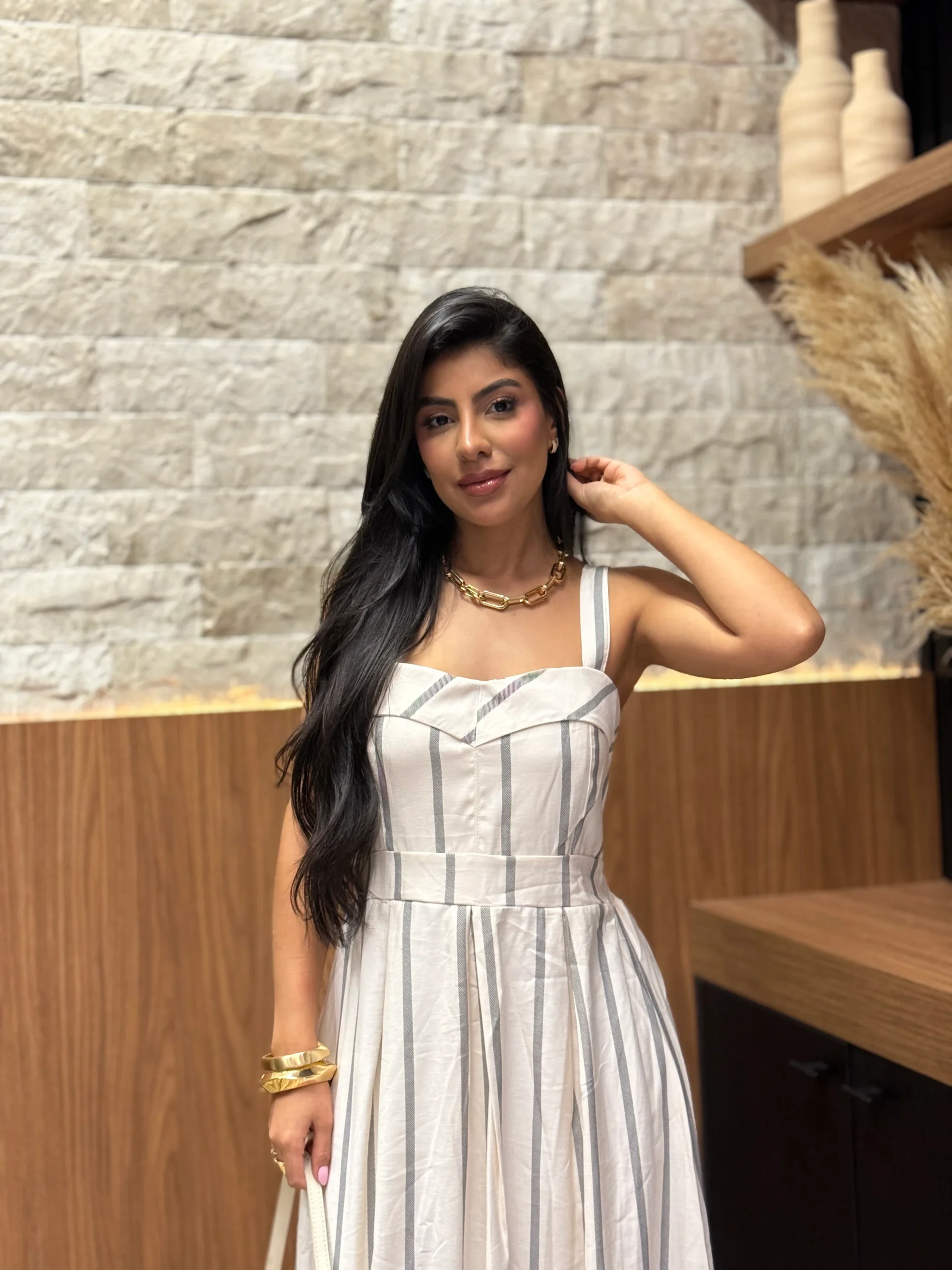 Vestido De Linho Misto Alcinha Listrado